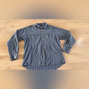 Wrangler western plaid men's pearl snap button down shirt size XL gray blue